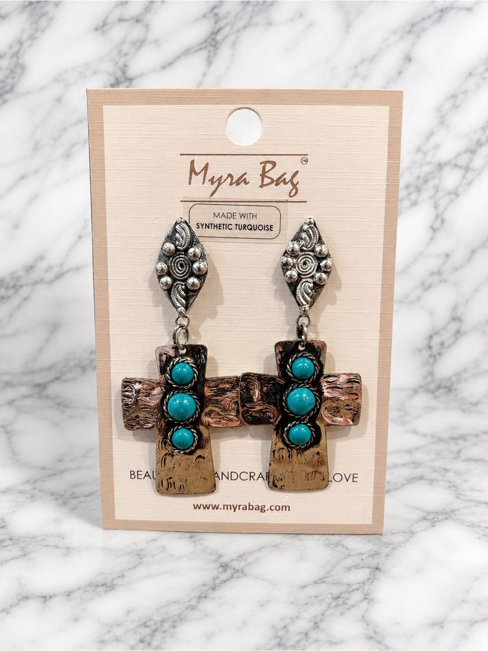 Myra Bag Handcrafted Cross Dangle Earrings Synthetic Turquoise Western Boho NWT